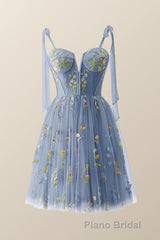 Green Floral Tulle A-line Short Dresses with Tie Shoulders