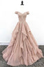 Organza Lace Off Shoulder A-line Cheap Long Prom Dresses