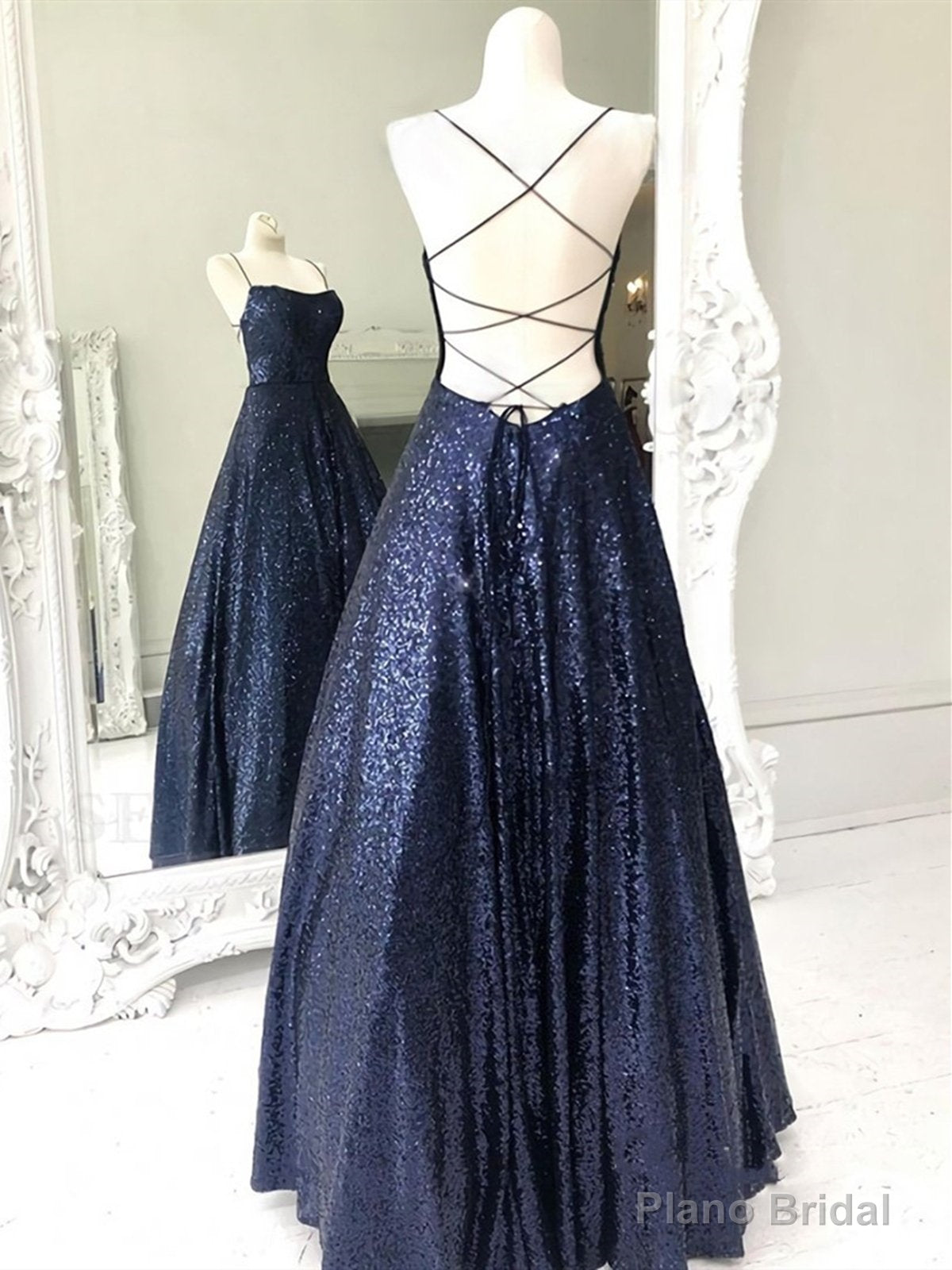 Shiny Backless Navy Blue Long Shiny Open Back Navy Blue Long Prom Dresses