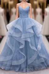 Shiny Blue Tulle A-Line Spaghetti Straps Long Formal Prom Dresses