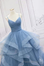 Shiny Blue Tulle A-Line Spaghetti Straps Long Formal Prom Dresses