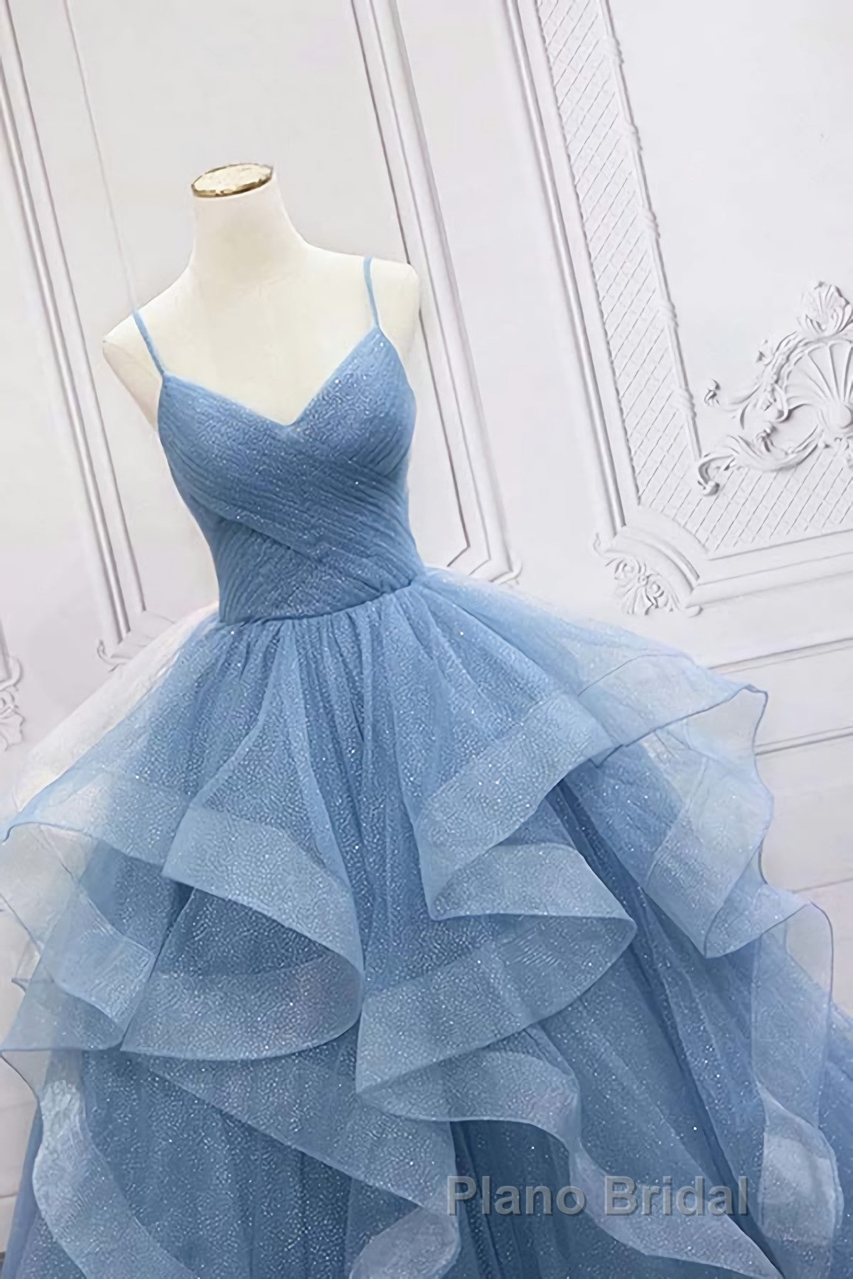 Shiny Blue Tulle A-Line Spaghetti Straps Long Formal Prom Dresses