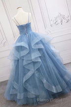 Shiny Blue Tulle A-Line Spaghetti Straps Long Formal Prom Dresses