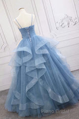 Shiny Blue Tulle A-Line Spaghetti Straps Long Formal Prom Dresses
