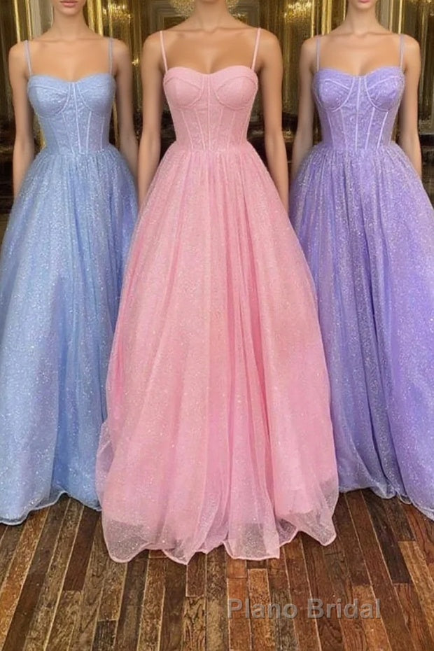 Shiny Tulle Open Back Pink Lilac Blue Long Formal Prom Dresses, Long Pink Lilac Blue Tulle Formal Graduation Evening Dresses Main image
