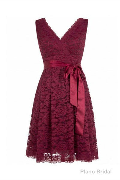 Short V Neck Burgundy Lace Bridesmaid Dress with Sash Main image