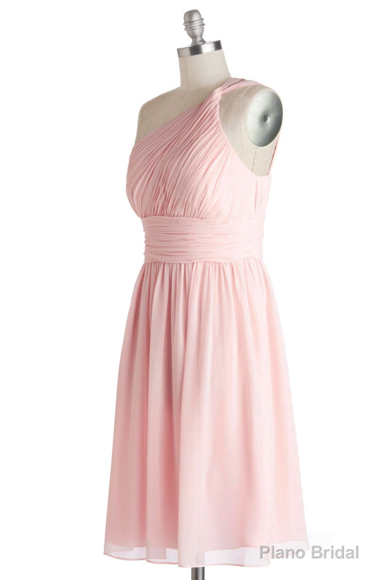 Simple A-Line One Shoulder Short Pink Chiffon Bridesmaid Dress