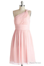 Simple A-Line One Shoulder Short Pink Chiffon Bridesmaid Dress