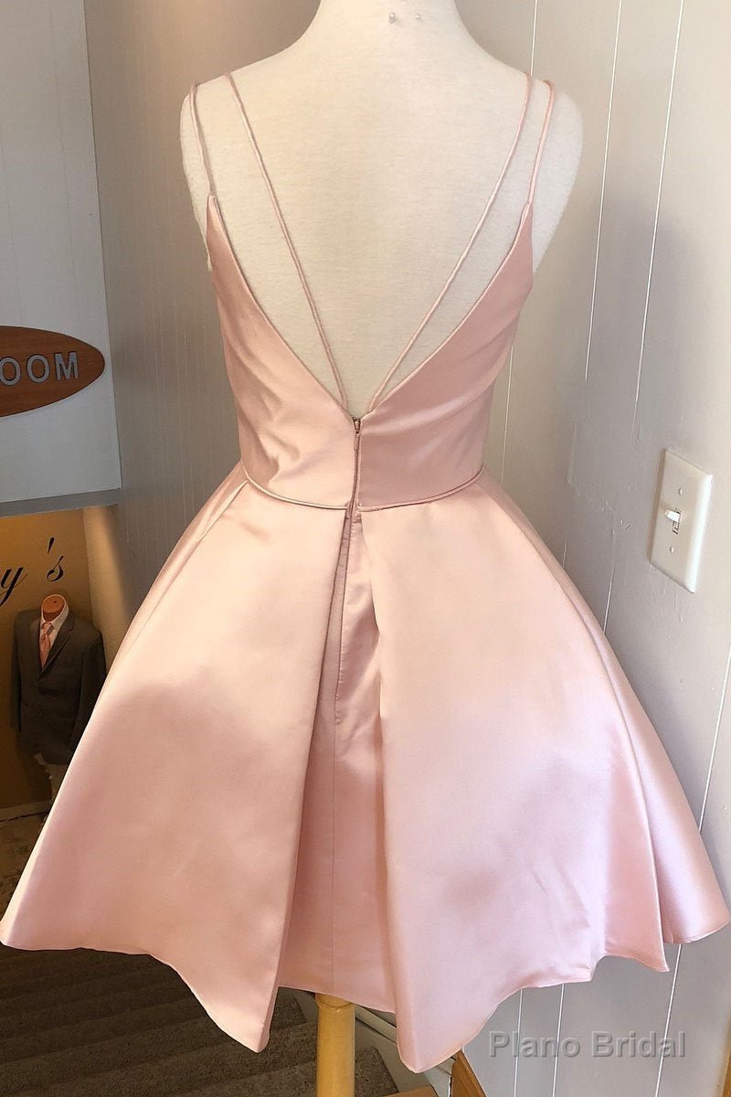 Simple V Neck Straps Short Pink Homecoming Dress, Backless Satin Sweet 16 Dresses Secondary image