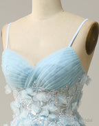 Sky Blue A-Line Spaghetti Straps Tulle Prom Dress With 3D Appliques