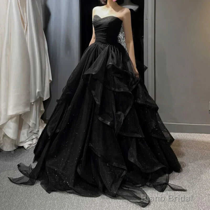 Black Elegant Party Prom Dresses Strapless Tiered Draped Ball Gown Formal Dress Women Robe Main image