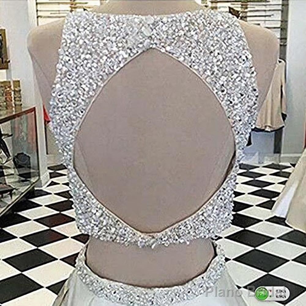 Two Piece High Neck Burgundy Prom Dress, Beaded Open Back Evening Gowns