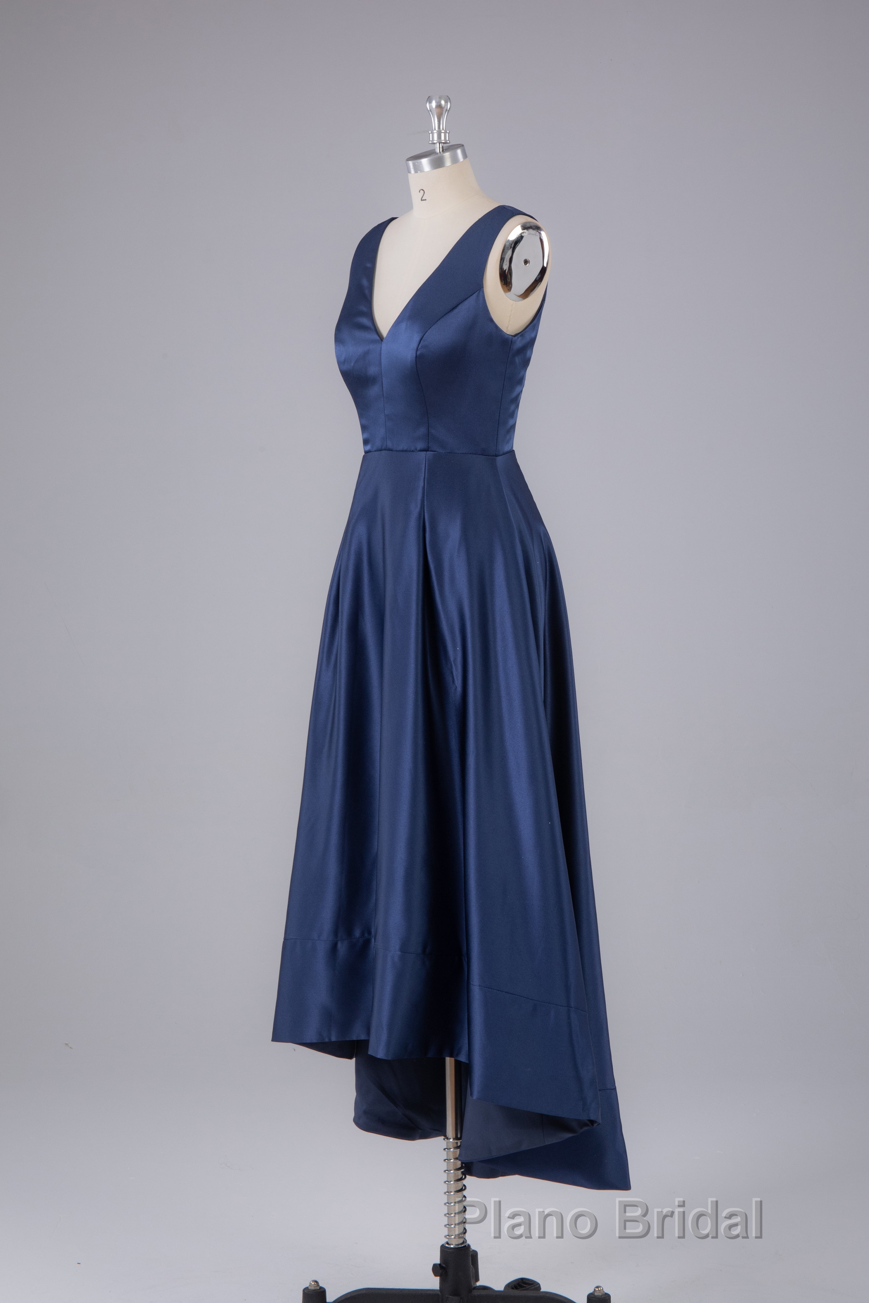 A Line Formal Satin V Neck High-Low Formal Prom Dresses