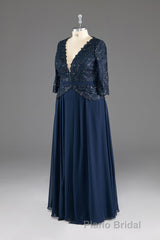 Navy V-Neck Long Sleeves Lace Appliques Chiffon Formal Prom Dresses