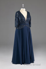 Navy V-Neck Long Sleeves Lace Appliques Chiffon Formal Prom Dresses