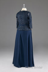 Navy V-Neck Long Sleeves Lace Appliques Chiffon Formal Prom Dresses