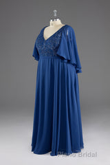 A-line V-Neck Short Sleeves Chiffon Mother of The Bride Dresses