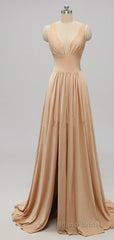Elegant A-Line Sexy V Neck Gold Long Modest Side-Slit Bridesmaid Dresses
