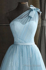 One Shoulder Blue Homecoming Dresses With Bowknot
