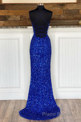 Mermaid Spaghetti Straps Royal Blue Sequins Long Formal Prom Dresses