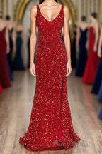 Sheath Spaghetti Straps Red Sequins Formal Prom Dresses with Split Front