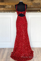 Sheath Spaghetti Straps Red Sequins Formal Prom Dresses with Split Front