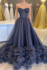 Black Corset Sweetheart Long Formal Prom Dresses with Ruffles