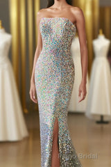 Silver Strapless Lace-Up Sequins Long Formal Prom Dresses with Slit