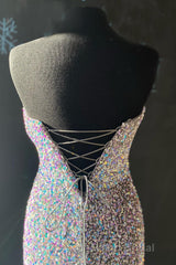 Silver Strapless Lace-Up Sequins Long Formal Prom Dresses with Slit