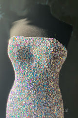 Silver Strapless Lace-Up Sequins Long Formal Prom Dresses with Slit