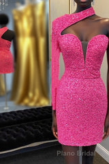 Hot Pink One Shoulder One Sleeves Tight Sequins Short Homecoming Dresses