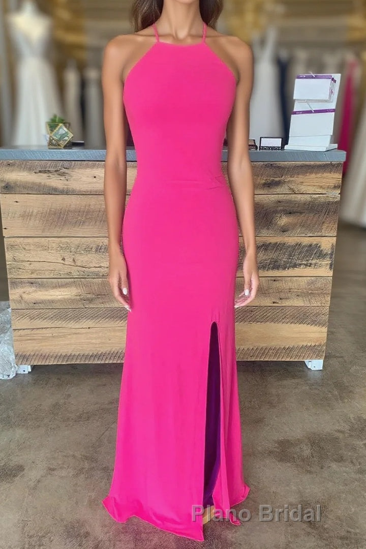 Sheath Halter Hot Pink Long Formal Prom Dresses with Silt