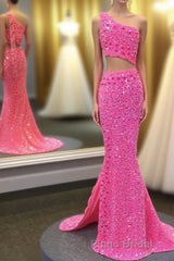 Hot Pink One Shoulder Sequins Formal Prom Dresses with Slit