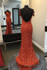 Orange Sparkly Spaghetti Straps Sequins Long Formal Prom Dresses with Slit