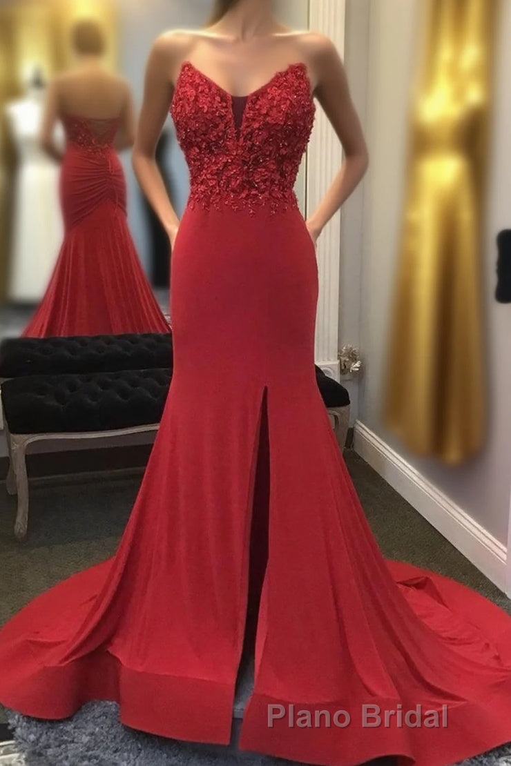 Beaded Red Mermaid Formal Prom Dresses with Appliques