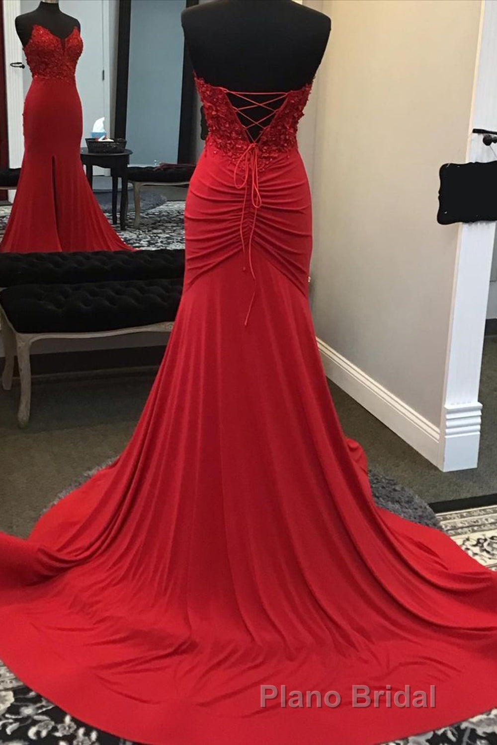 Beaded Red Mermaid Formal Prom Dresses with Appliques