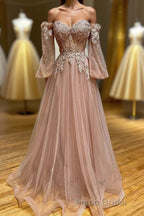 Blush Corset Off the Shoulder Long Formal Prom Dresses with Appliques