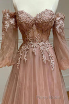 Blush Corset Off the Shoulder Long Formal Prom Dresses with Appliques