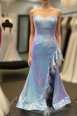 Plus Size Light Blue Sweetheart Mermaid Sequins Long Formal Prom Dresses with Feathers