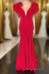 Red Mermaid Long Formal Prom Dresses with Feathers