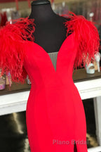 Red Mermaid Long Formal Prom Dresses with Feathers