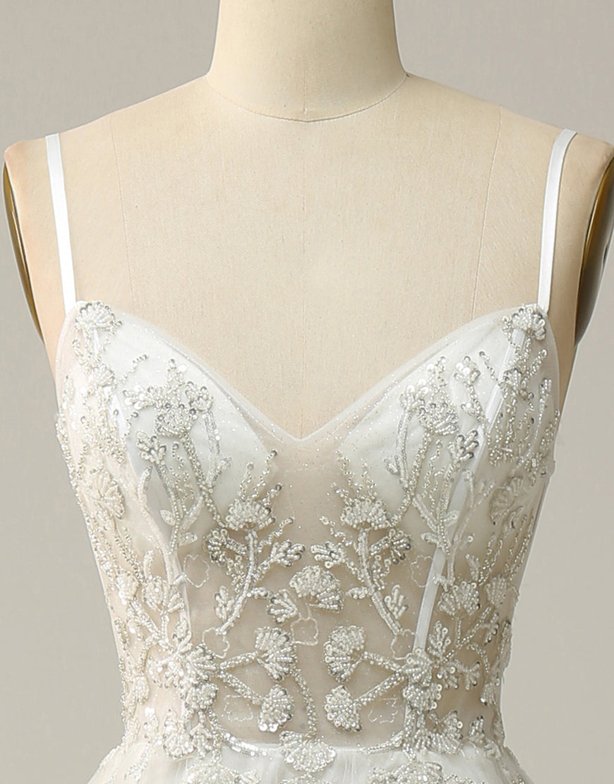 White A-Line Spaghetti Straps Long Prom Dress With Beading Main image