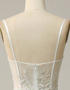 White A-Line Spaghetti Straps Long Prom Dress With Beading