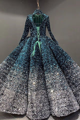 Glitter High Neck Open Back Lace Up Ball Gown Formal Prom Dresses