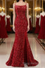 Red Sparkly Mermaid Backless Long Formal Prom Dress with Fringes