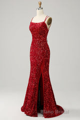 Red Sparkly Mermaid Backless Long Formal Prom Dress with Fringes