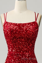 Red Sparkly Mermaid Backless Long Formal Prom Dress with Fringes