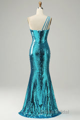 Sparkly Blue Sequins One Shoulder Long Formal Prom Dress with Slit