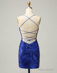 Royal Blue V-Neck Corset Back Homecoming Dress With Sequin