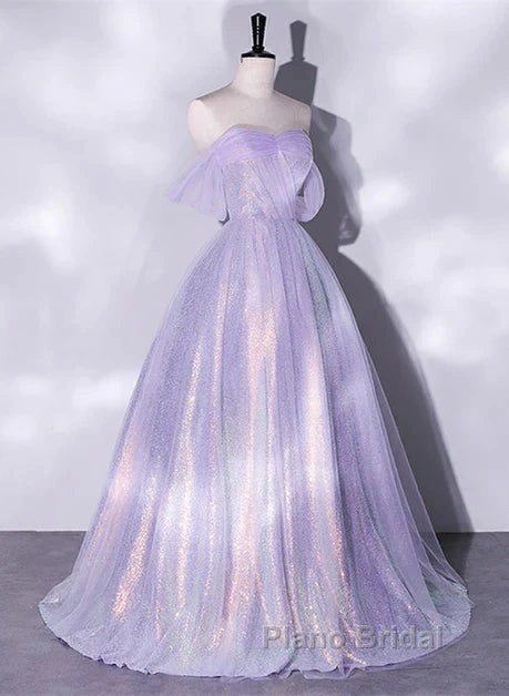 A Charming Sequin Lavender A-Line Sheer Strapless Dance Dresses, Lavender Princess Off The Shoulder Sleeveless Sheer Evening Dresses